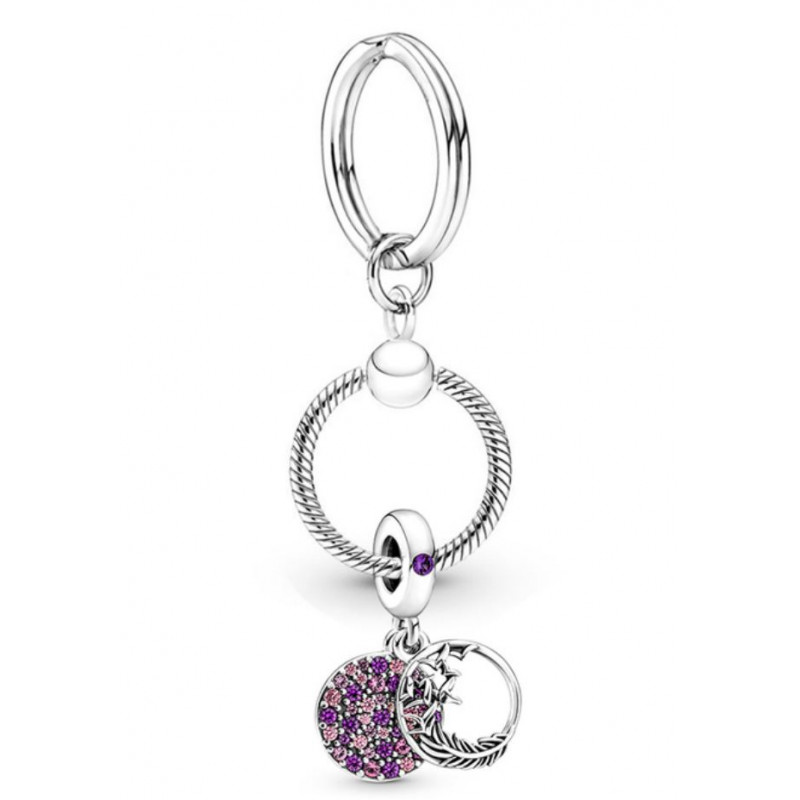 Porte clés avec bijoux charm argent pendentif feuille strass violet