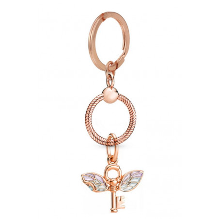 Porte clés avec bijoux charm or rose clef aile