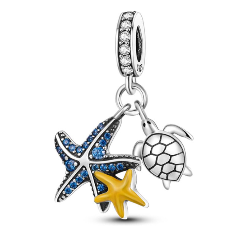 Charm pour bracelet tortue argent étoile de mer bleu jaune