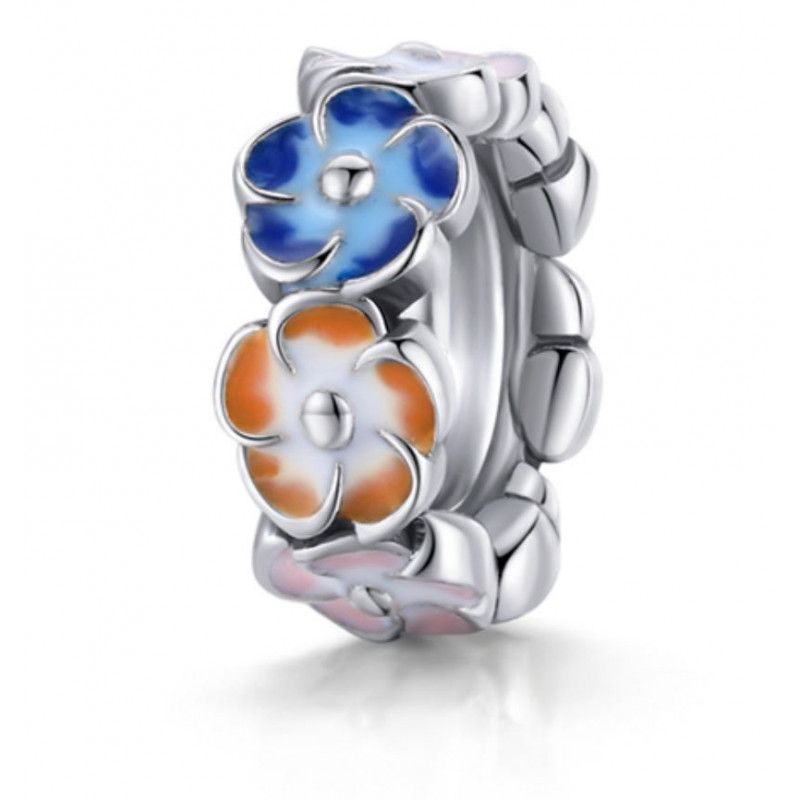 Charm pour bracelet argent séparateur fleurs bleu orange rose