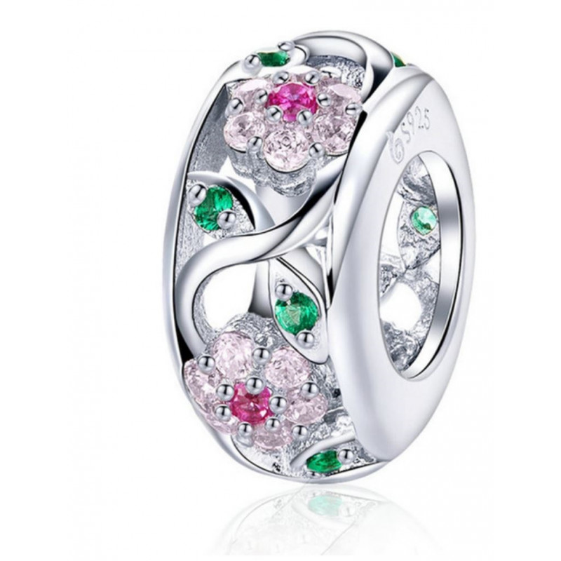 Charm pour bracelet séparateur argent fleurs pierre rose verte