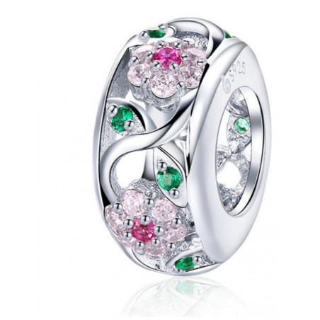 Charm pour bracelet séparateur argent fleurs pierre rose verte