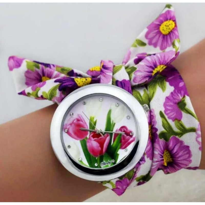 Montre femme quartz bracelet tissu fleur violette cadran tulipe
