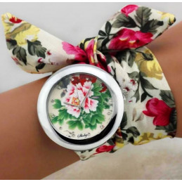 Montre femme quartz bracelet tissu fleur printemps cadran fleur rose
