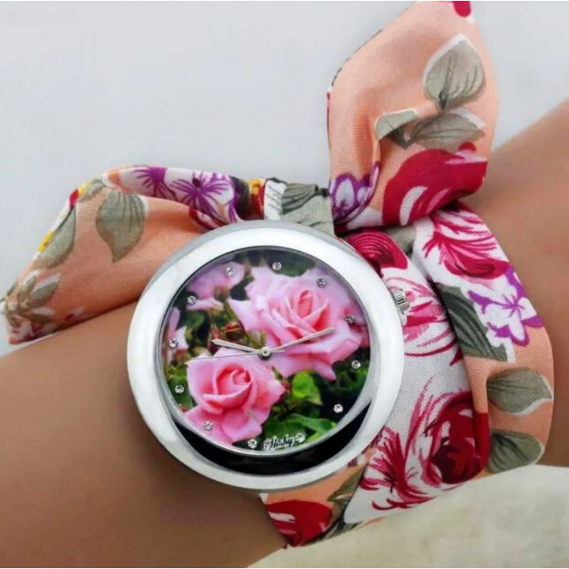 Montre femme quartz bracelet tissu fleur rose violette cadran fleur rose