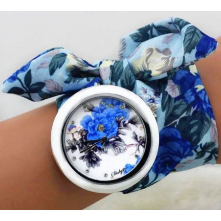Montre femme quartz bracelet tissu fleur bleu cadran fleur bleu
