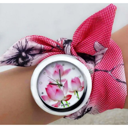 Montre femme quartz bracelet tissu fleur rose carreau cadran fleur rose