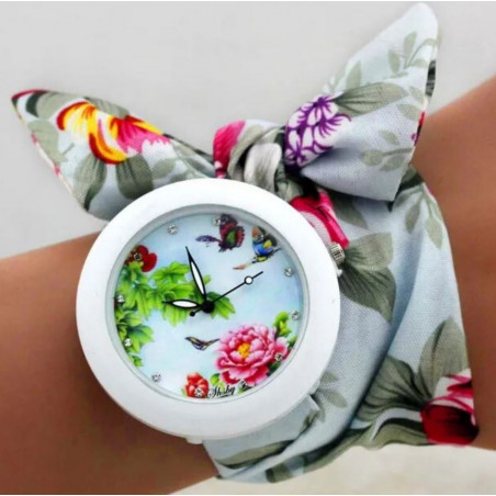 Montre femme quartz bracelet tissu fleur cadran papillon