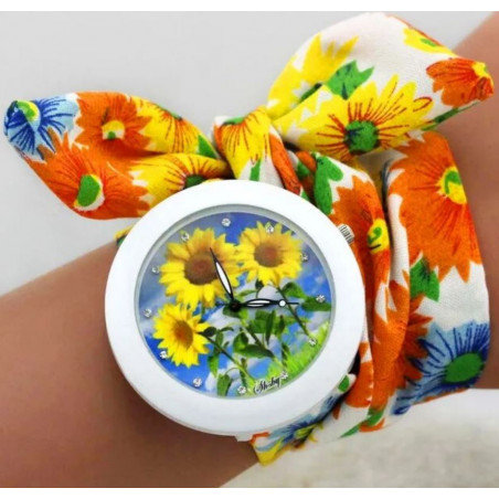 Montre femme quartz bracelet tissu fleur cadran tournesol