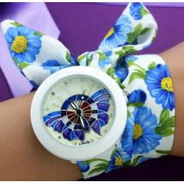 Montre femme quartz bracelet tissu fleur bleu cadran papillon bleu