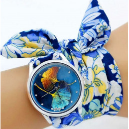 Montre femme quartz bracelet tissu fleur bleu cadran feuille ginkgo