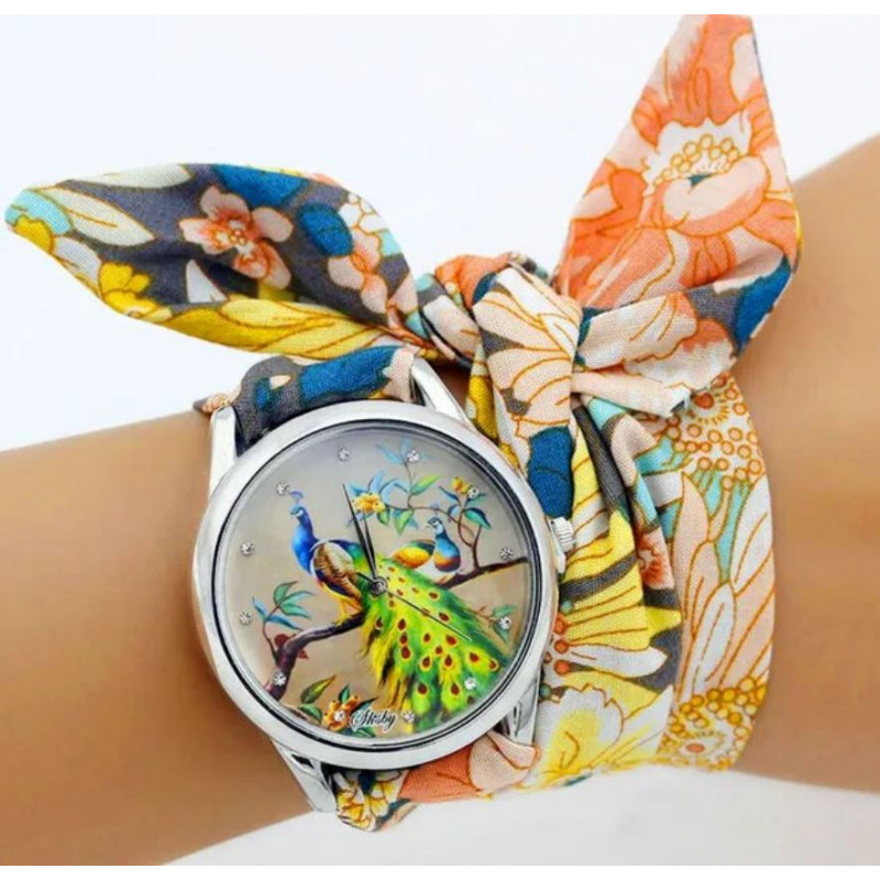 Montre femme quartz bracelet tissu fleur colorée cadran paon