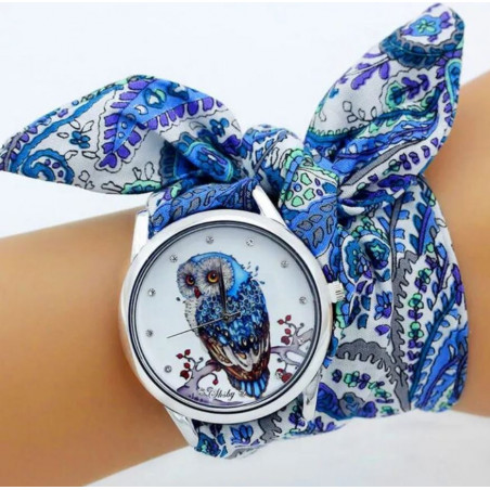 Montre femme quartz bracelet tissu fleur bleu cadran chouette