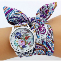 Montre femme quartz bracelet tissu fleur colorée cadran fleurs colorées