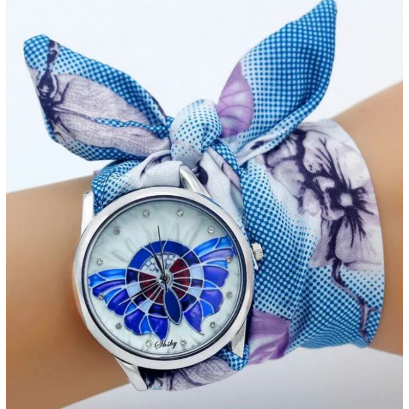 Montre femme quartz bracelet tissu bleu carreau noeud  cadran papillon bleu