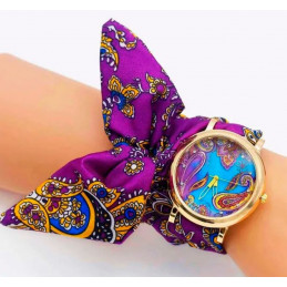 Montre femme quartz bracelet tissu fleur violet noeud cadran fleur