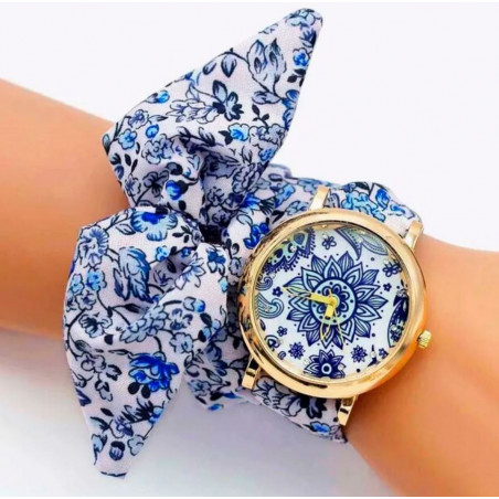 Montre femme quartz bracelet tissu grande fleur bleue