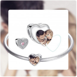 Charm bijoux bracelet argent personnalisable avec photo coeur pierre rose strass blanc