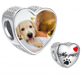 Charm bijoux bracelet argent personnalisable avec photo coeur rouge chien