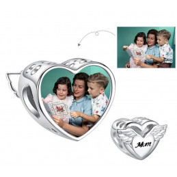 Charm bijoux bracelet argent personnalisable avec photo coeur maman aile