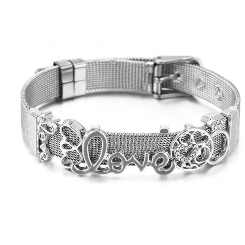 bracelet plat ceinture boucle argent charm love coeur