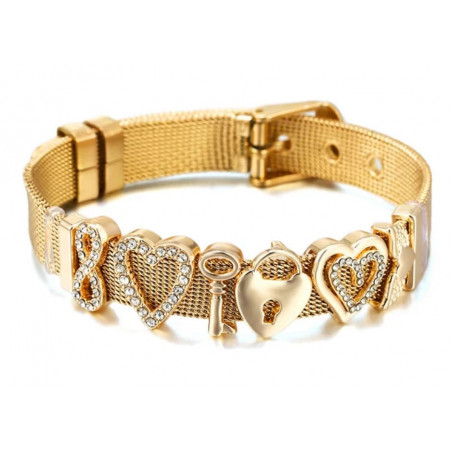 bracelet plat ceinture or boucle or charm coeur clef cadenas
