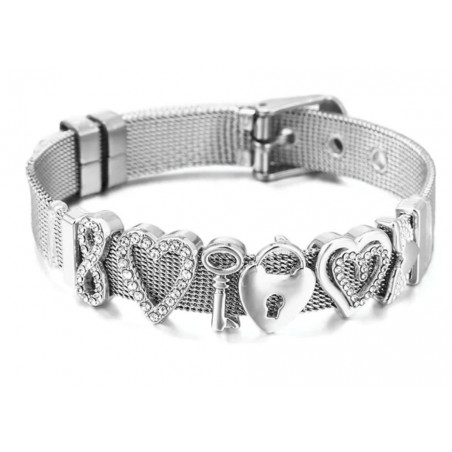 bracelet plat ceinture argent boucle charm coeur clef cadenas