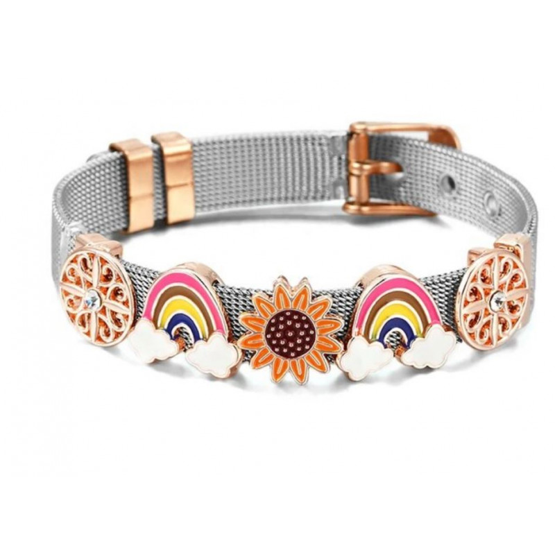 bracelet plat ceinture argent boucle or rose charm arc en ciel soleil