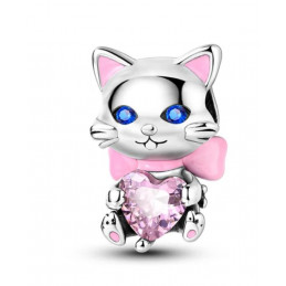 Charm pour bracelet chat yeux bleus noeud rose coeur