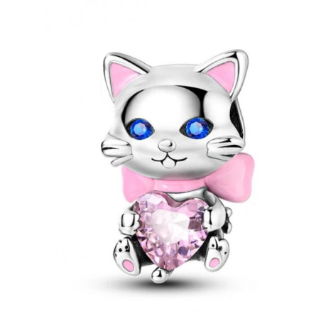 Charm pour bracelet chat yeux bleu noeud rose coeur