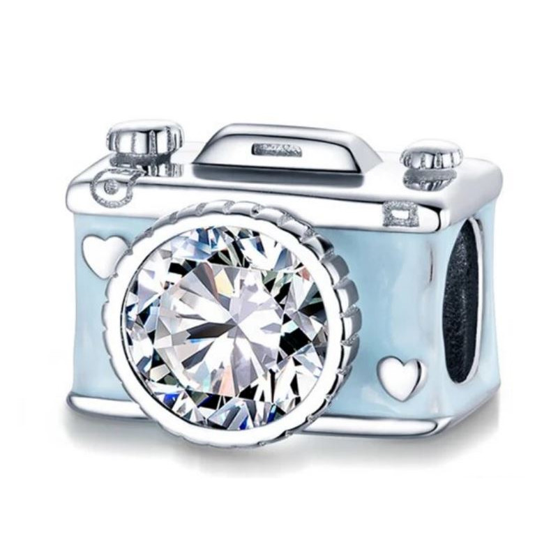 Charm pour bracelet appareil photo bleu coeur diamant