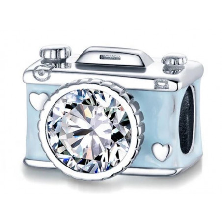 Charm pour bracelet appareil photo bleu coeur diamant