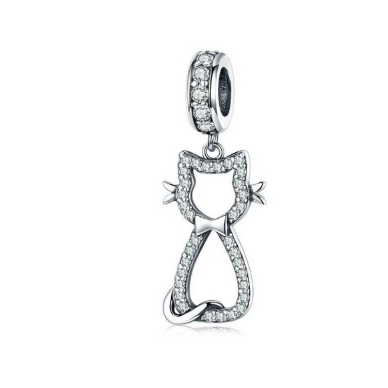 Charm pour bracelet argent forme chat noeud strass diamant