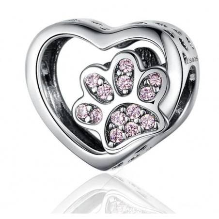 Charm pour bracelet argent coeur patte de chien pierre rose