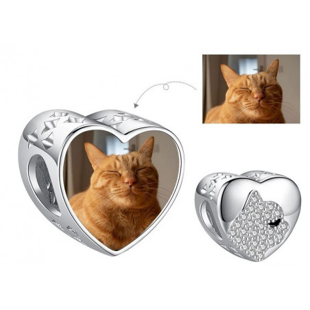 Charm pour bracelet personnalisé photo coeur chat gravé