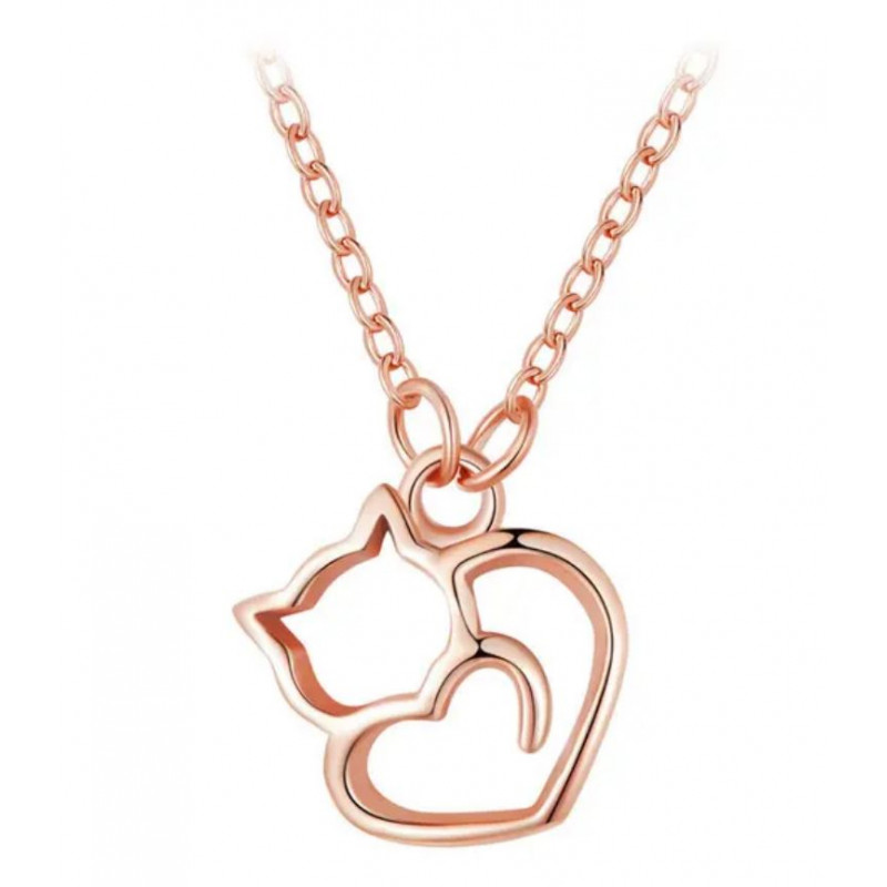 Collier or rose chat forme de coeur