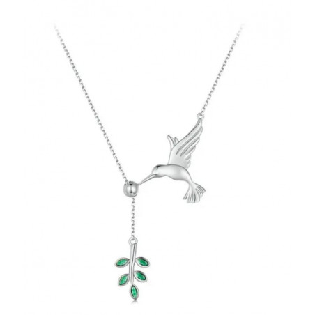Collier argent pendentif oiseau colibri en vol et branche