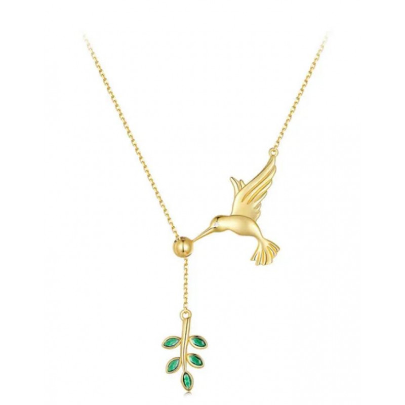 Collier or pendentif oiseau colibri en vol et branche