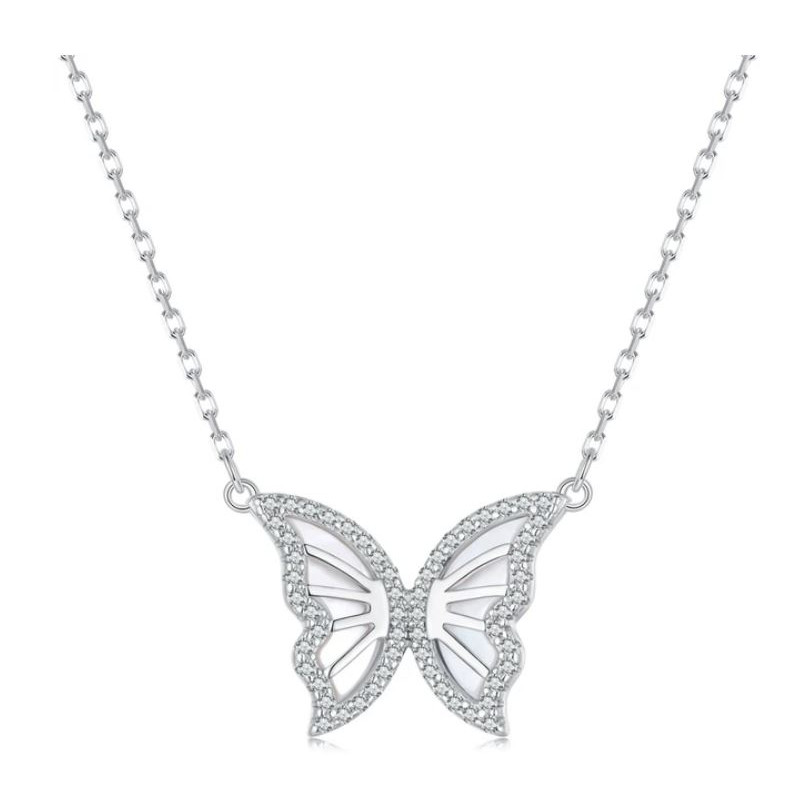 Collier argent pendentif papillon strass diamant