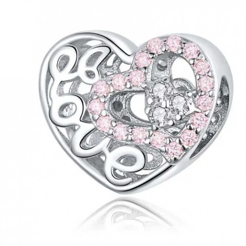 Charm pour bracelet argent coeur love pierre rose