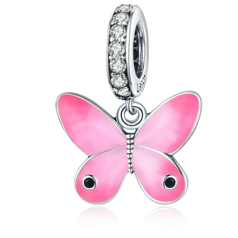 Charm pour bracelet papillon rose sur anneau strass