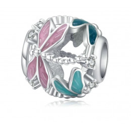 Charm pour bracelet anneau libellule rose vert