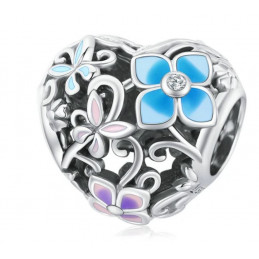 Charm pour bracelet coeur fleurs papillons bleu violet