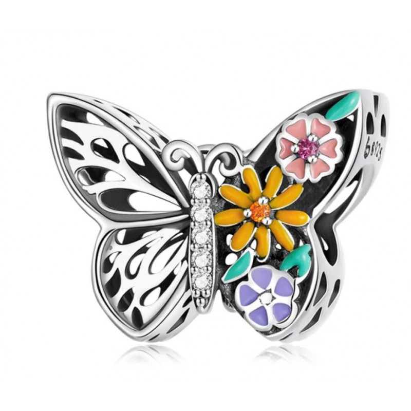 Charm pour bracelet papillon avec fleur sur aile