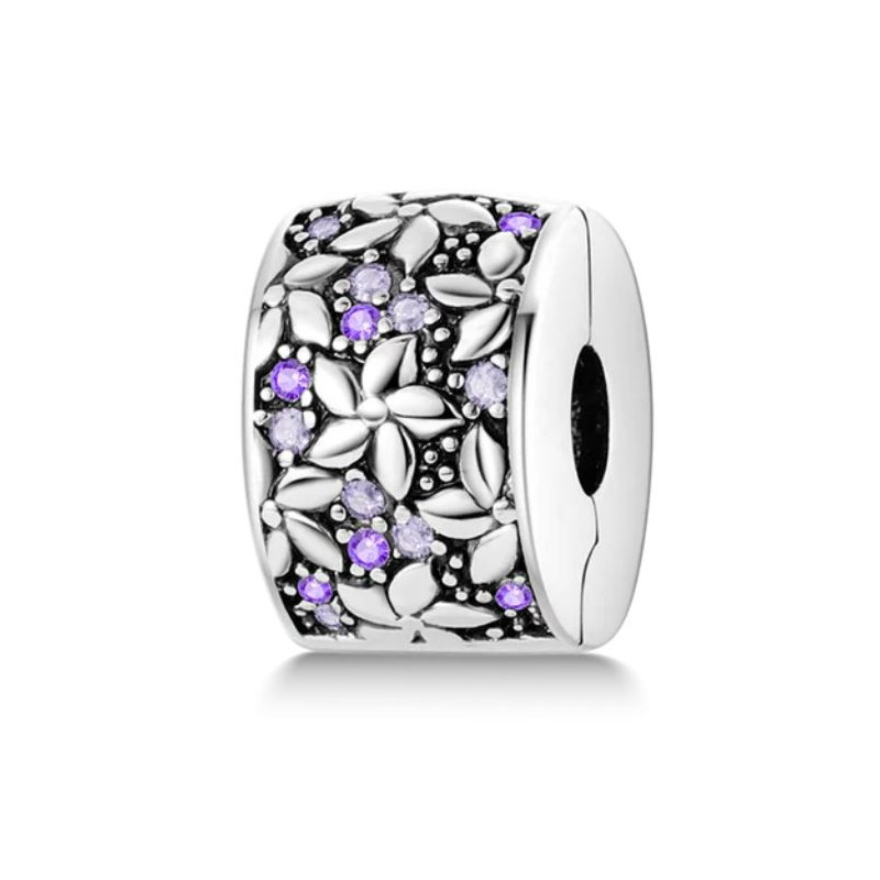 Charm pour bracelet clip bloqueur fleur pierre violette