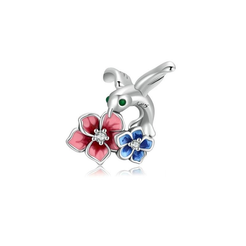 Charm pour bracelet oiseau avec fleur rouge et bleu Charm pour bracelet oiseau avec fleur rouge et bleu