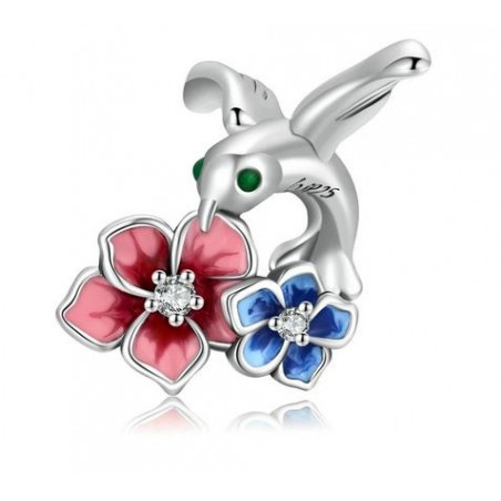 Charm pour bracelet oiseau avec fleur rouge et bleu