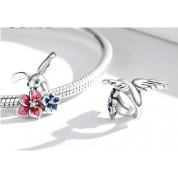 Charm pour bracelet oiseau avec fleur rouge et bleu