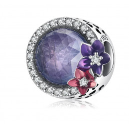 Charm bijou pour bracelet pierre violette fleurs argent
