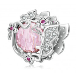 Charm bijou pour bracelet pierre rose papillon fleurs argent
